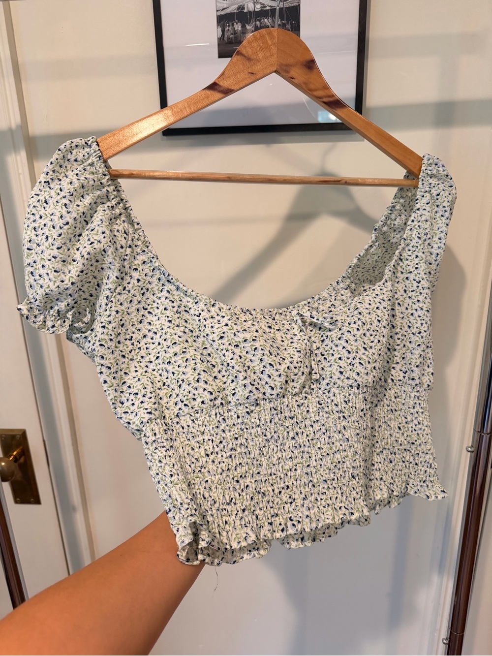H&M White Crop Top with Blue & Green Floral Print